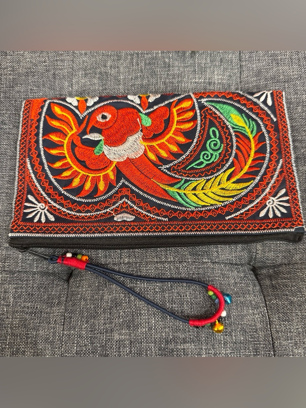 Embroidered Orange Parrot Foldover Clutch with Wristlet